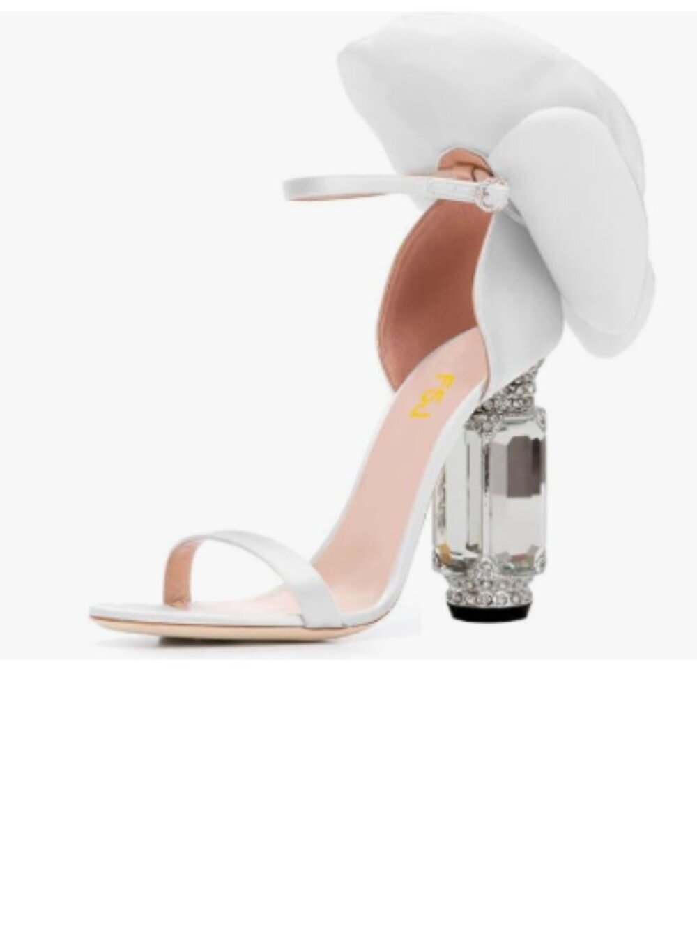 FSJ White Open Toe Crystal Block Heel with Flower Bloom Back Ankle Strap Sandals